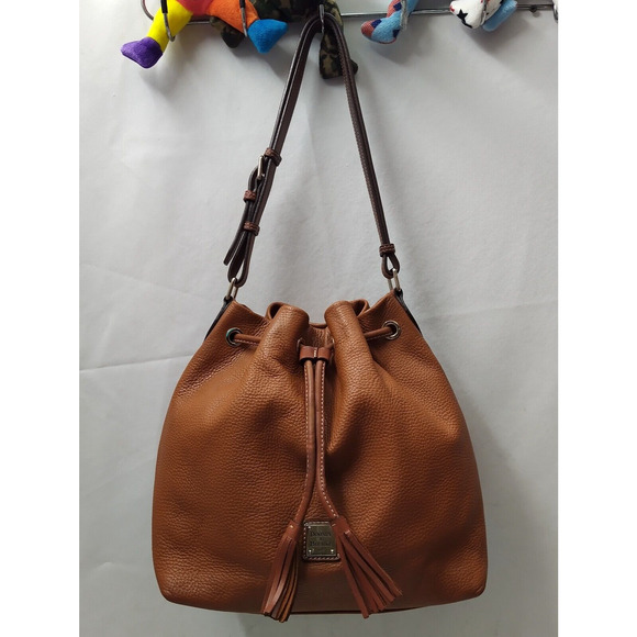 Dooney & Bourke Brown Pebbled Leather Drawstring Bucket Shoulder Bag - Picture 1 of 16
